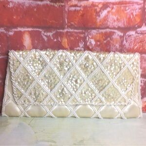 Vintage David's Import MCM Beaded Ivory Satin Clutch